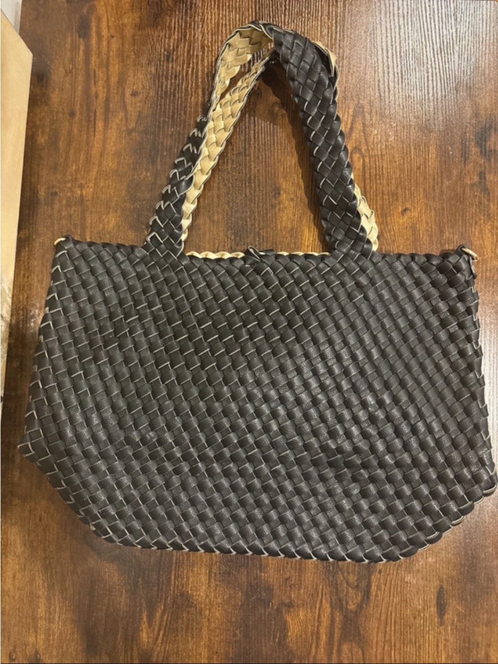 Woven Shoulder Tote Bag in Black and Tan